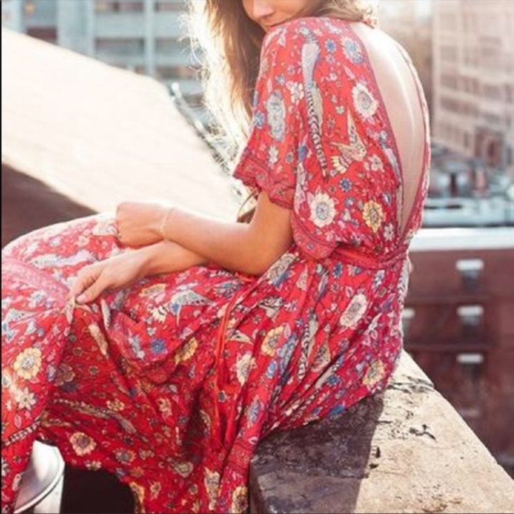 Red Boho Floral Bird Gypsy Print Maxi Long - Picture 4 of 9